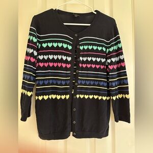 Talbots Women Black Multicolor Heart Printed Cardigan Sz Large Button Up Preppy